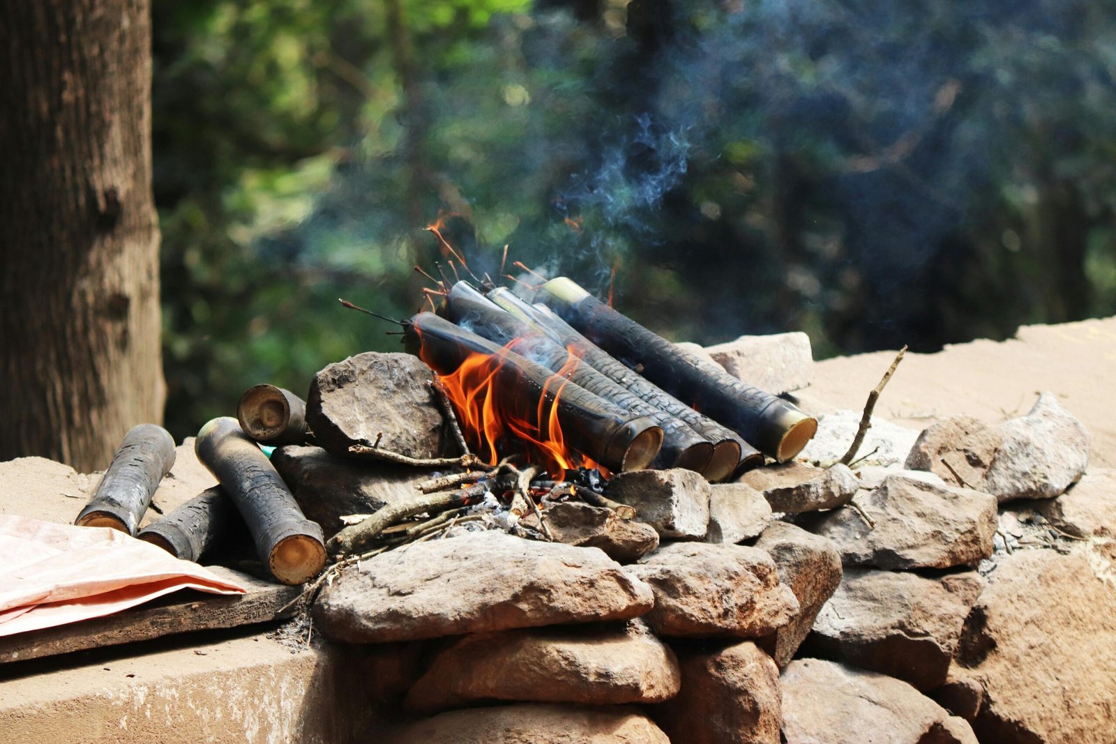 Burning bamboo emitting smoke in a natural setting, creating warmth outdoors in Araku Valley, India.